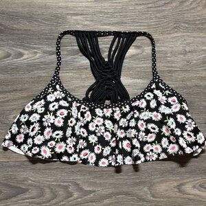 NEW California Waves Daisy Duke Flounced Bikini Top Medium Black Daisy Hippie